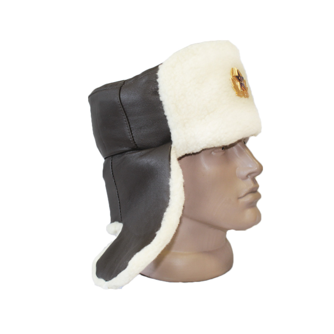 Leather officer’s USHANKA military winter hat with white fur - USHANKA