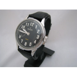 Molniya PILOT vintage black wristwatch with transparent back